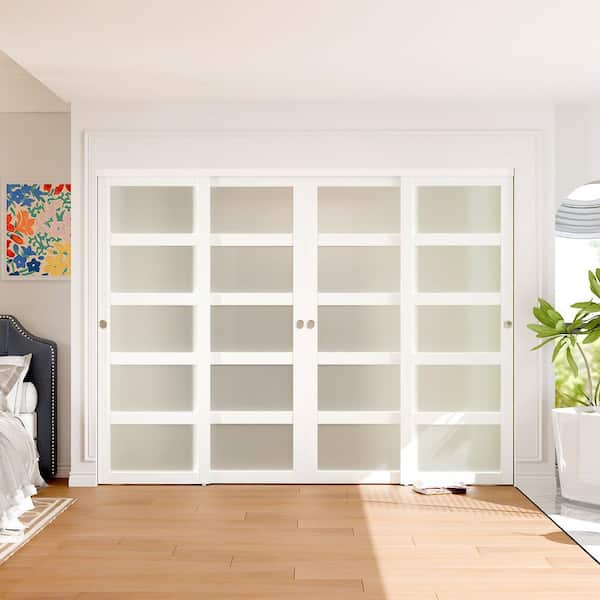 96 in. x 80 in. 5-Lite Frosted Glass Sliding Door, Double Sliding Door with Hardware, Pre-Drilled, Need to Assemble