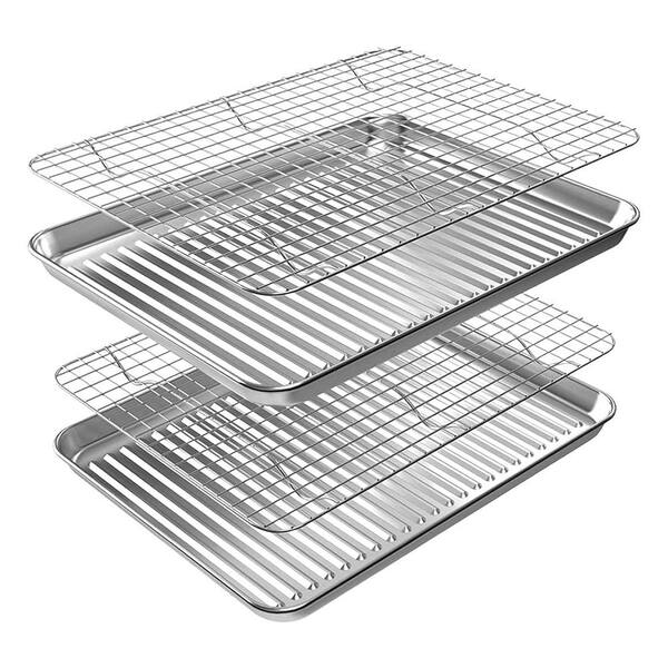 5 qt Silver Stainless Steel Pots/Pans Half Sheet Pan Set, 2 Pack, Oven Safe, Heavy Duty, Cooling Rack Included