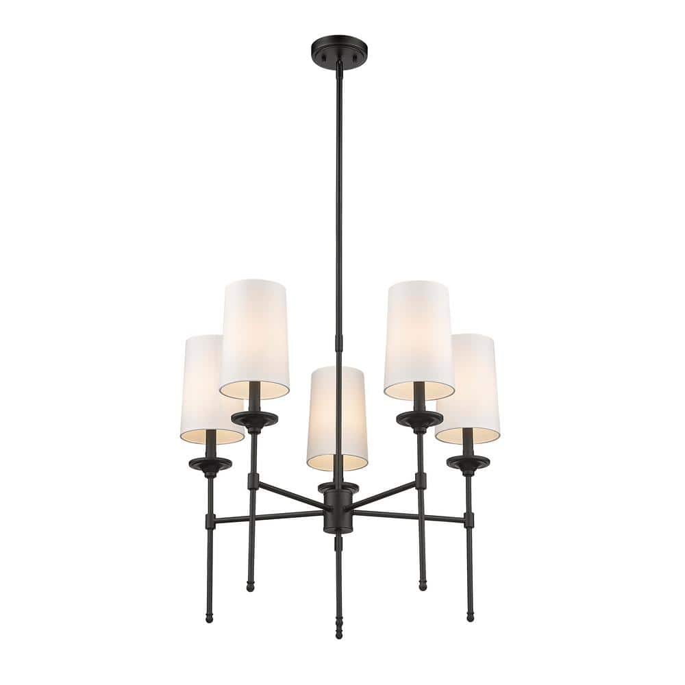 Matte Black 5-Light Candle-Style Chandelier with Off-White Shades