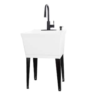 Complete 22.875 in. x 23.5 in. White 19 Gal. Utility Sink Set with Black Metal Hybrid Faucet and Soap Dispenser