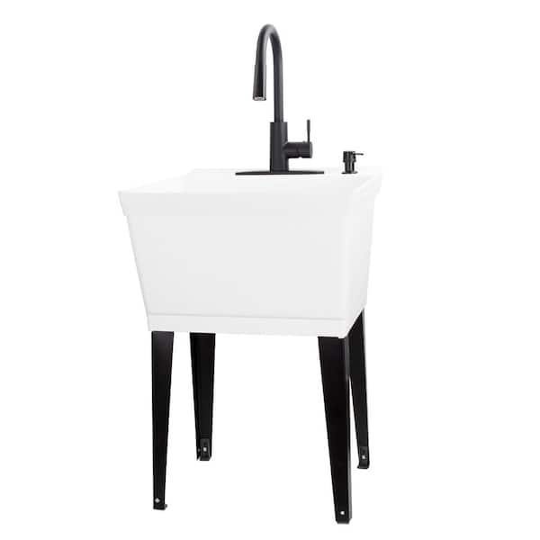 TEHILA Complete 22.875 in. x 23.5 in. White 19 Gal. Utility Sink Set with Black Metal Hybrid Faucet and Soap Dispenser