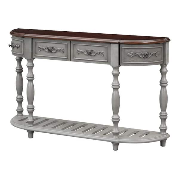 52 in. L Antique Gray Half-Moon Wood Curved Console Table with 4 Drawers and Open Shelf
