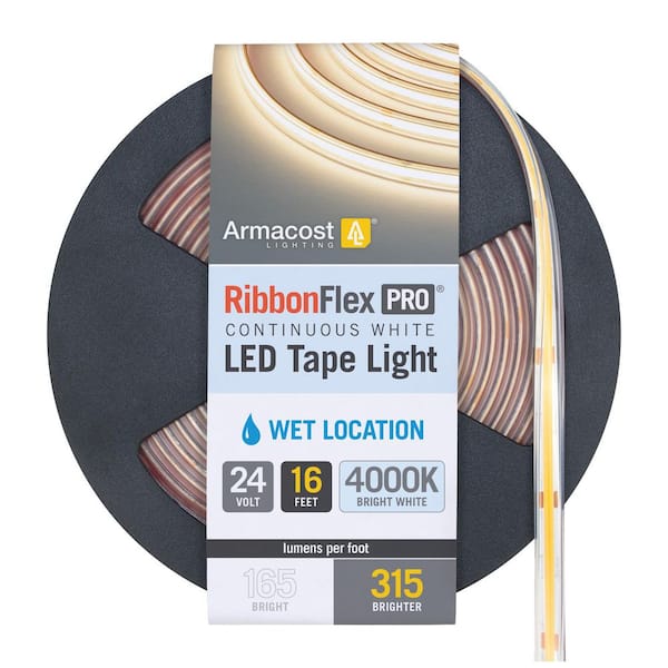 RibbonFlex Pro 24-Volt White COB Outdoor 16.4 ft. Hardwired Cuttable Integrated LED Strip Light Tape 4000k 315 Lumens/ft