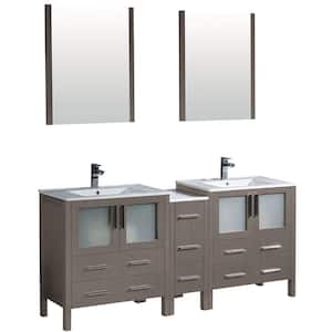 Torino 72 in. Double Vanity in Gray Oak with Ceramic Vanity Top in White with White Basins and Mirrors