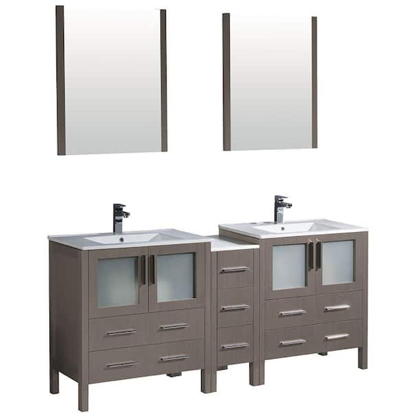 Fresca Torino 72 in. Double Vanity in Gray Oak with Ceramic Vanity Top in White with White Basins and Mirrors