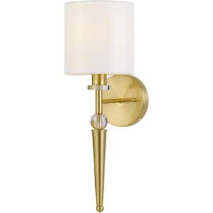Merritt 1-Light Wall Sconce with Crystal Accents and Round Lampshade for Hardwire Installation Only, Satin Brass