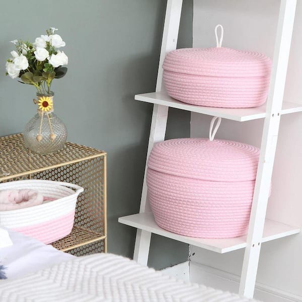 Pink 13 in. x 9 in. Cotton Decorative Basket with Lid Z092ZH3JJQ