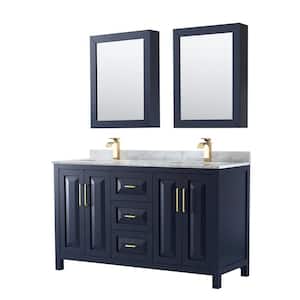 Daria 60 in. Double Vanity in Dark Blue with Marble Vanity Top in White Carrara with White Basins and MedCab Mirrors