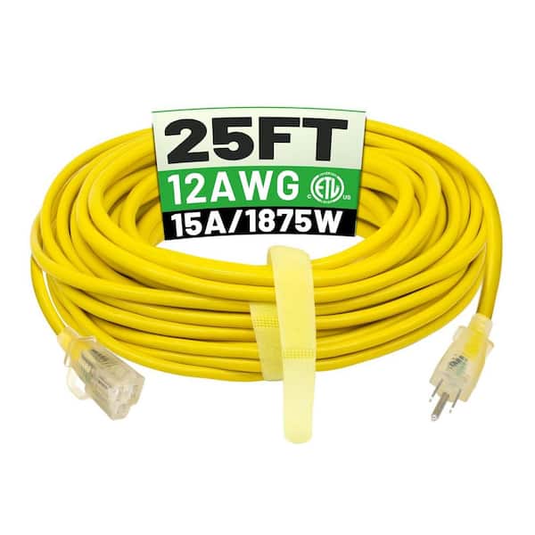 Lukyamzn 25 ft. 12/3 Outdoor Extension Cord with Lighted Indicator SJTW ETL Listed, Yellow (1-Pack)