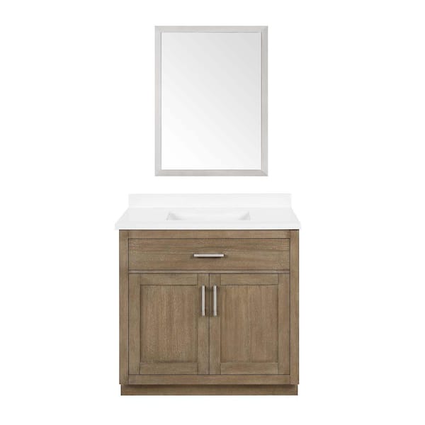 OVE Decors Bailey 36 in. W x 22 in. D x 34 in. H Bath Vanity in Driftwood Oak with White Engineered Quartz Top and BN Mirror