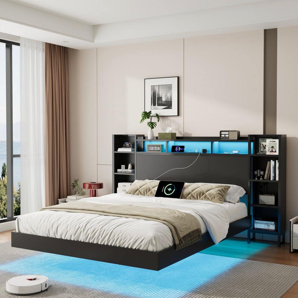 Beflo Black Metal Frame Twin Floating Platform Bed with LED Storage Headboard and USB Station price history on PriceWatchPro