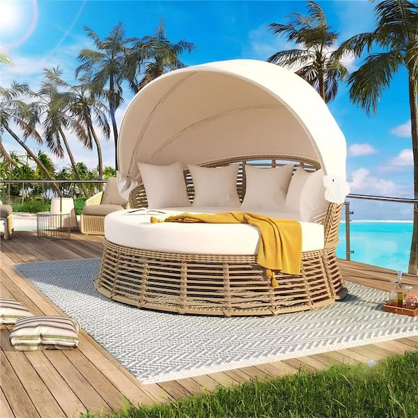 Harper & Bright Designs Wicker Outdoor Patio Day Bed with Color Cushions, 4 Pillows and Retractable Canopy