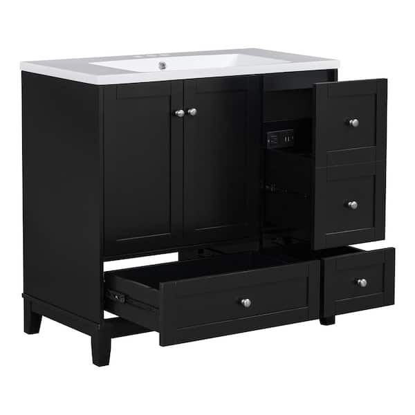 Zeus & Ruta 36 in. W x 18 in. D x 34 in. H Single Sink Bath Vanity in Black with White Resin Top and 3-Drawers