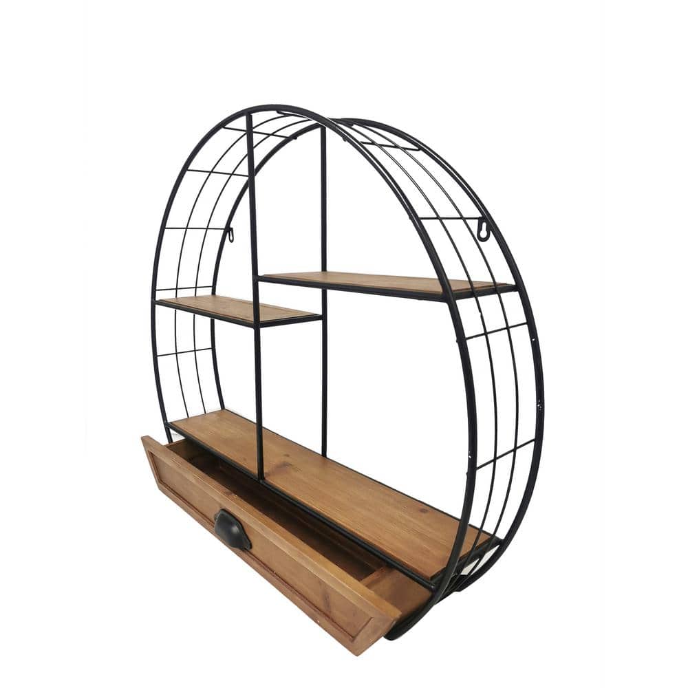 Black Iron and Wood 4-Tier Floating Wall Shelf