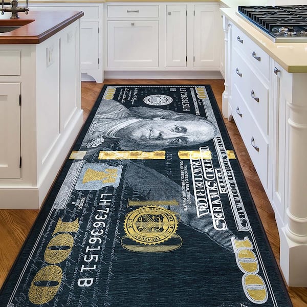 Money Dollar Front Novelty Printed Black Gold 3 ft. 11 in. x 9 ft. 10 in. Runner Area Rug
