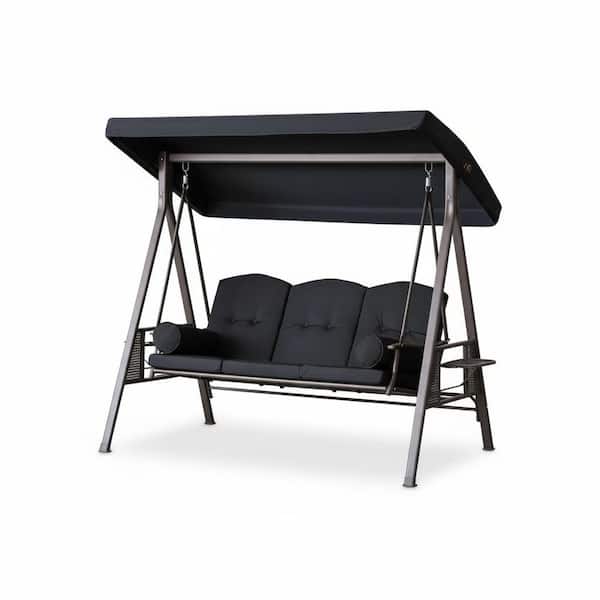 3-Person Metal Patio Swing with Black Cushions, Canopy