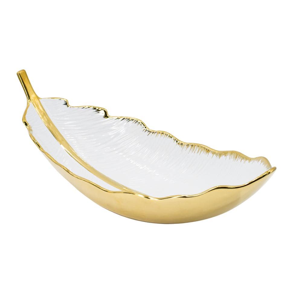White and Gold Ceramic Leaf Shaped Decorative Bowl