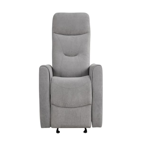 Gray velvet rocker recliner shown from the front view on a white background.