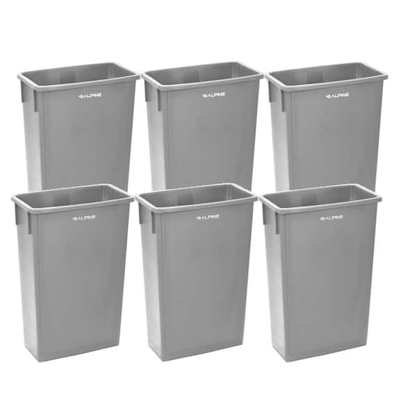 Alpine Industries 23 Gal. Gray Open Top Waste Basket Slim Vented Commercial Garbage Trash Can (6-Pack)