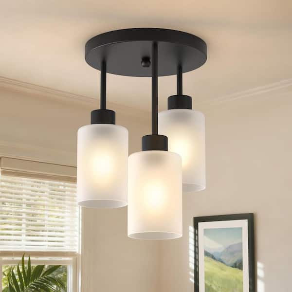 11.4 in. 3-Light Matte Black Semi-Flush Ceiling Light with Cylindrical Clear Acid-Washed Glass Shade E26 Socket