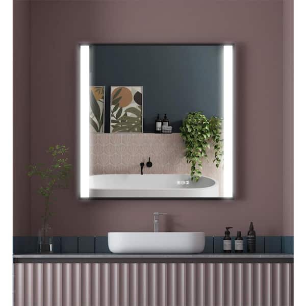 ANGELES HOME 36 in. x 36 in. Sqaure Aluminum Framed Wall Super Bright LED Lighted Anti-Fog Bathroom Vanity Mirror in Black