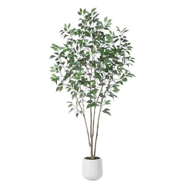 DR.Planzen 7 ft. Faux Ficus Tree with Round White Planter, Pre Potted Faux Greenery Ficus Plant for Home Decor