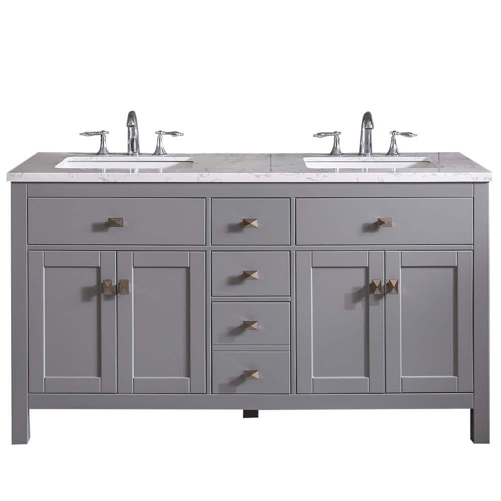 Eviva Memphis 60 in. W x 22 in. D x 33.7 in. H Double Bathroom Vanity in Gray with White Carrara Style Stone Top with Sinks