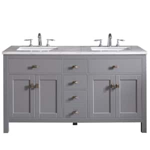 Memphis 60 in. W x 22 in. D x 33.7 in. H Double Bathroom Vanity in Gray with White Carrara Style Stone Top with Sinks