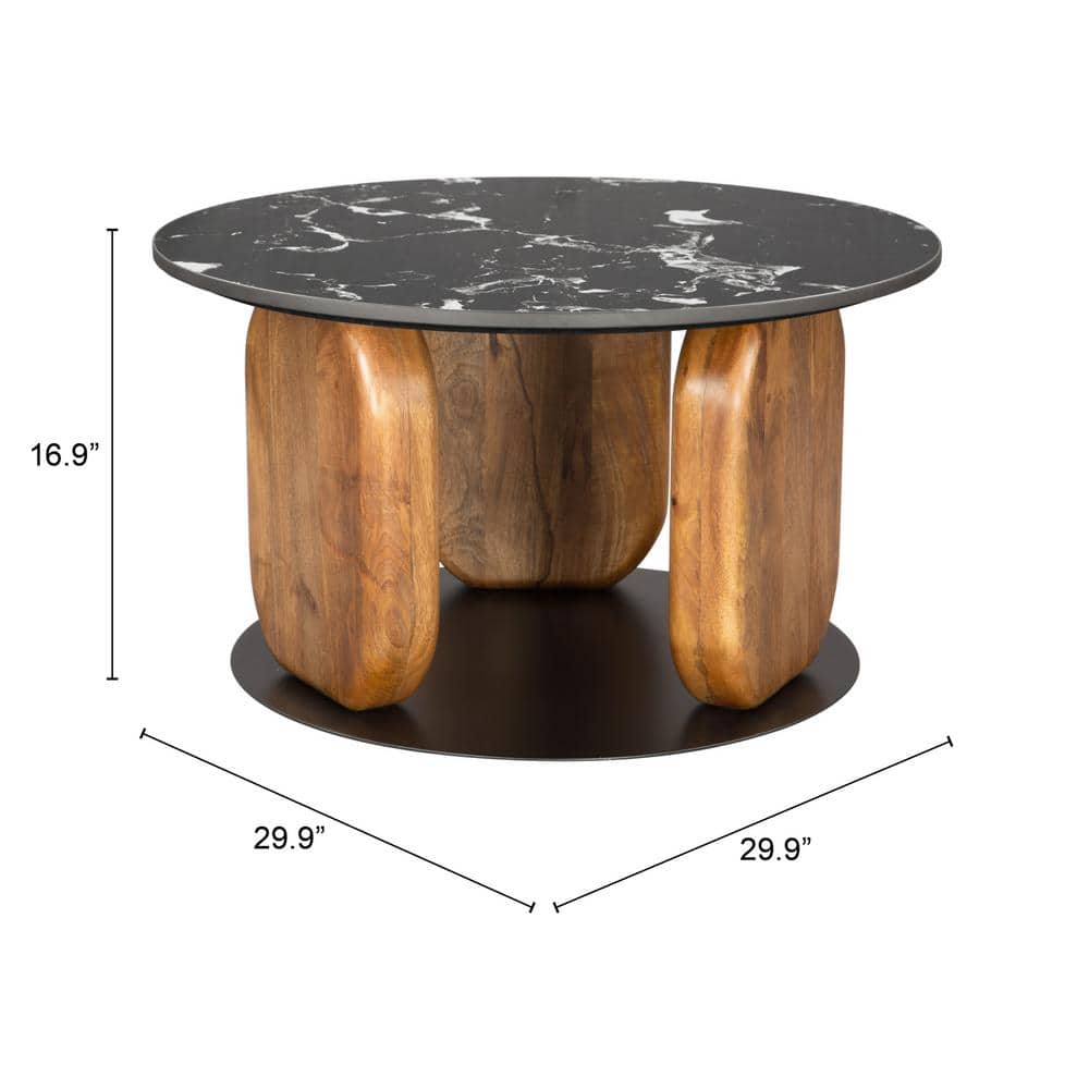 Pemba Round Black Marble Top Coffee Table with Mango Wood Legs