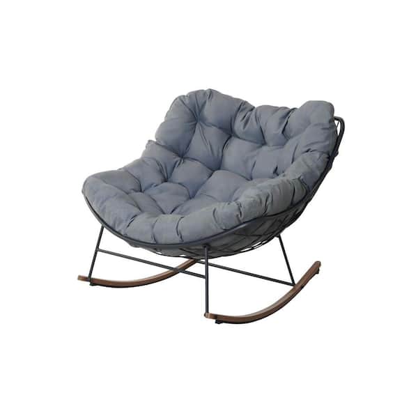 Comfy Black Metal Frame Oversized Outdoor Rocking Chair with Gray Cushion for Adult Patio and Indoor Both Use (1-Pack)