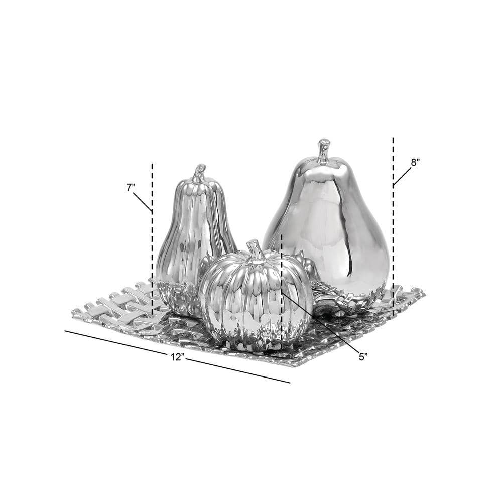 Silver Ceramic Fall Fruit Sculpture Set with Decorative Grid Plate
