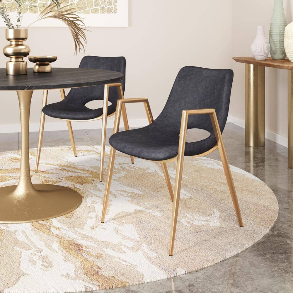 Black Faux Leather and Gold Metal Arm Chair