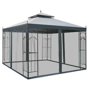 10 ft x 10 ft Grey Outdoor Patio Gazebo Canopy with Removable Mesh Curtains & Display Shelves