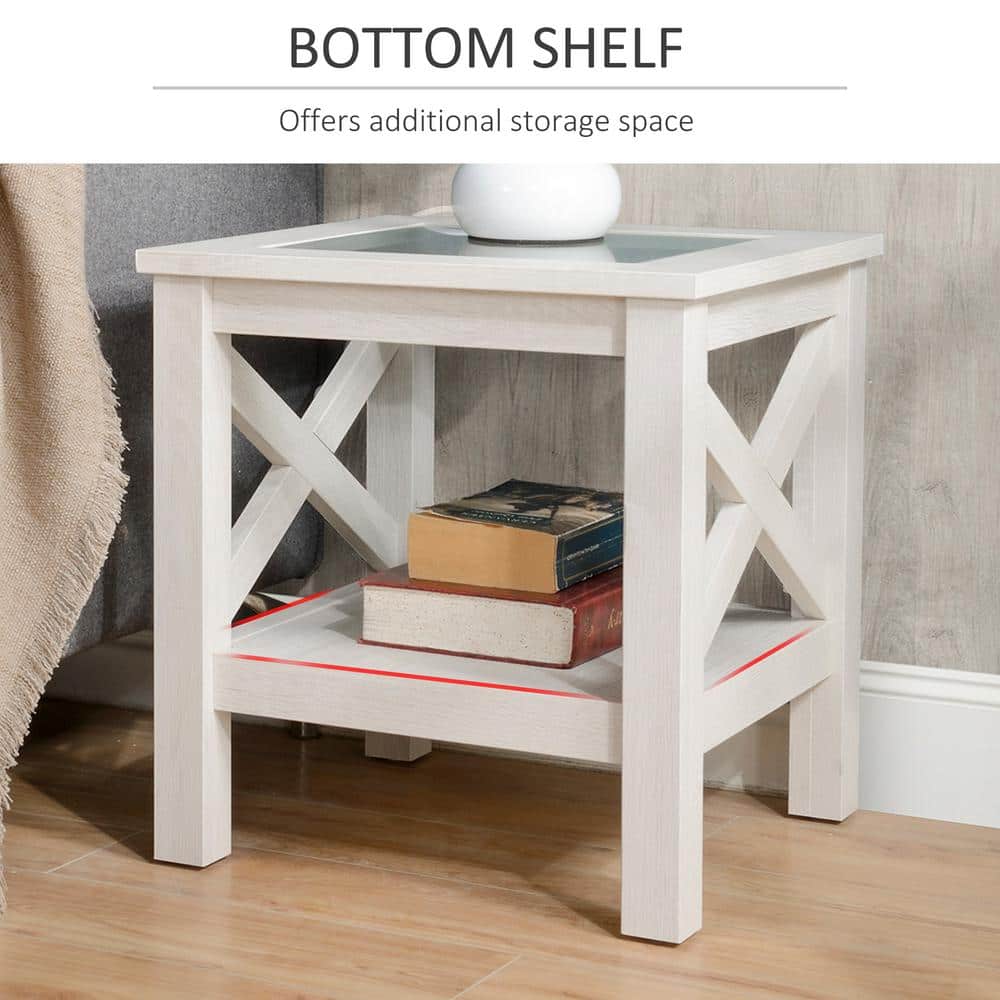 White Oak Wood and Glass End Table with Storage Shelf