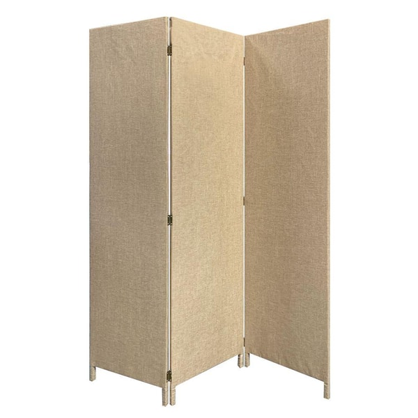 Benjara Beige 3-Panel Fabric Upholstered Wooden Screen with Straight Legs