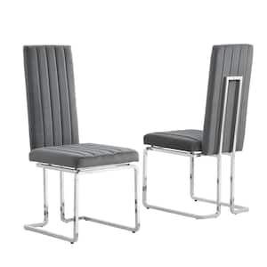 Jana Dark Gray Velvet Fabric Vertical Line Design Chrome Iron Side Chair (Set of 2)