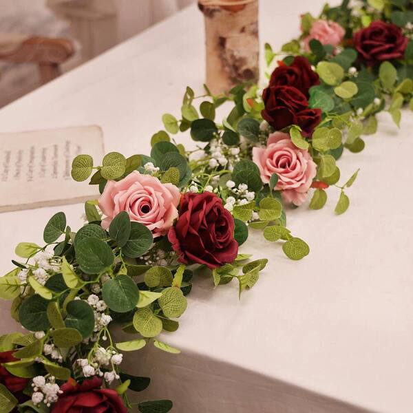 6.5Ft Artificial Flower Garland – Burgundy Dahlia Rose & Eucalyptus Vine For Wedding Arch, Table Runner, Wall Decor - View #9