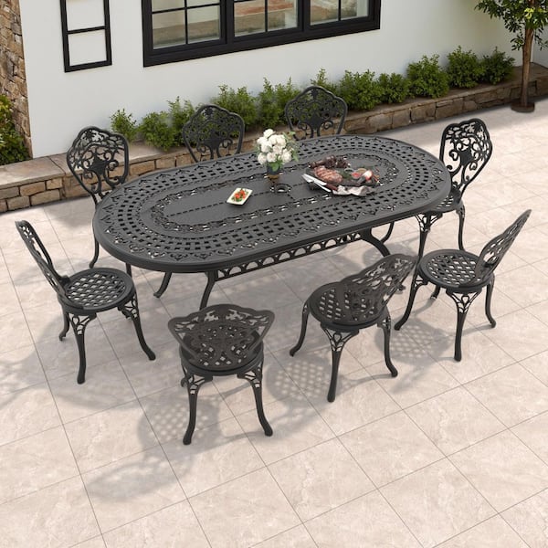 Orchid Black 9-Piece of Cast Aluminum Outdoor Patio Dining Set with 81.89 in. x 41.34 in. Oval Table and Armless Chairs
