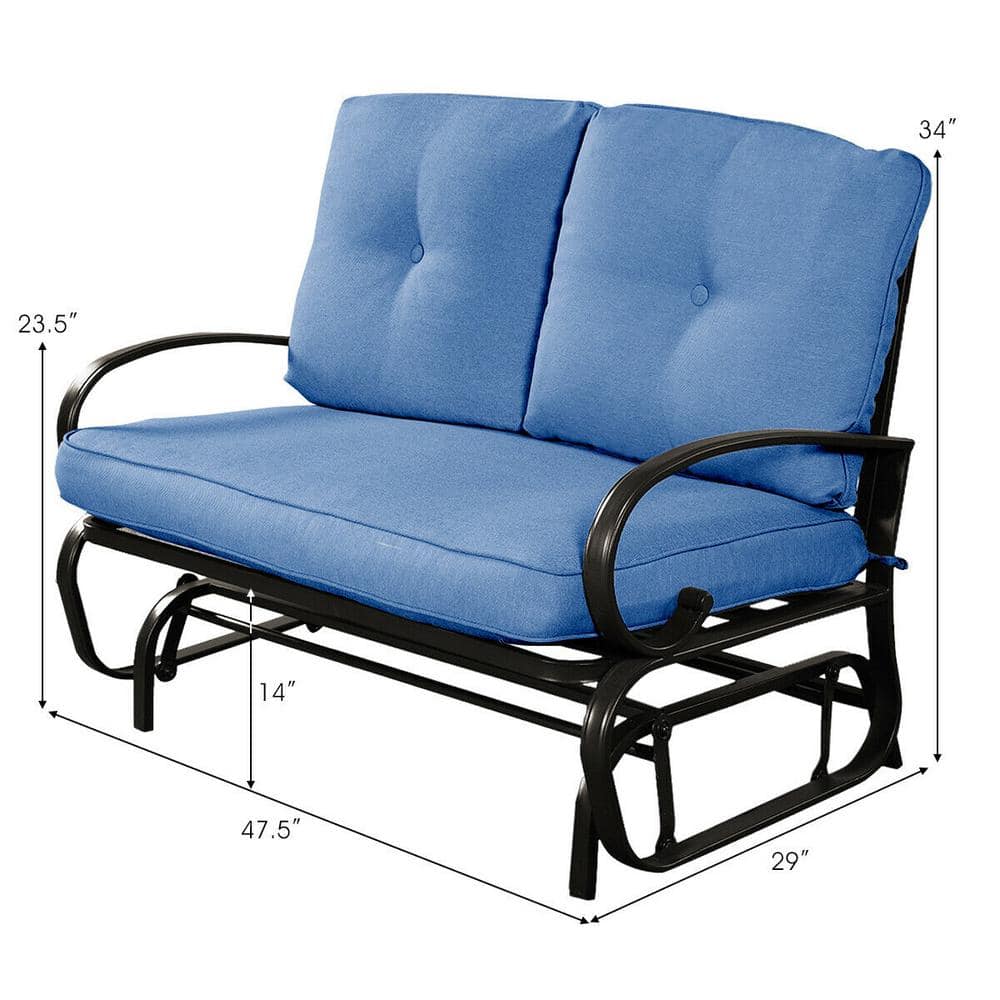 Blue Steel Outdoor Patio Rocking Bench Loveseat with Cushions