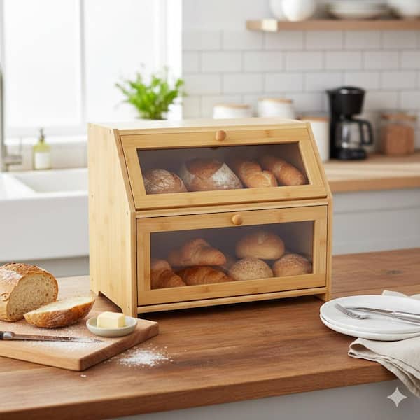 Double Layer Bamboo Bread Box Extra Large Capacity Acrylic Door Organizer Kitchen Food Storage Set