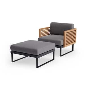 Monterey 2 Piece Aluminum Teak Outdoor Patio Chat Chair and Ottoman Set with Cast Slate Cushions