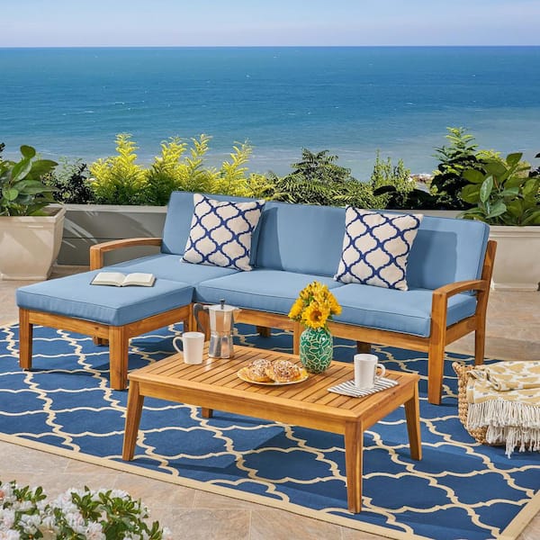 Unbranded L Shape Blue 5-Piece Acacia Wood Patio Conversation Set with Blue Cushions