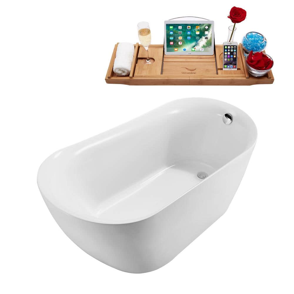 59'' White Glossy Acrylic Freestanding Soaking Tub with Chrome Drain
