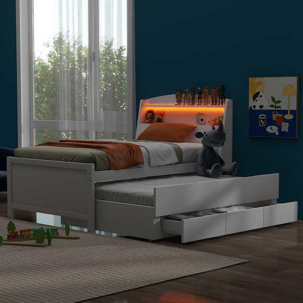 Harper & Bright Designs White Wood Frame Twin Size Platform Bed with 3-Drawer, Headboard with Storage Shelf and LED Lighting, Twin Trundle
