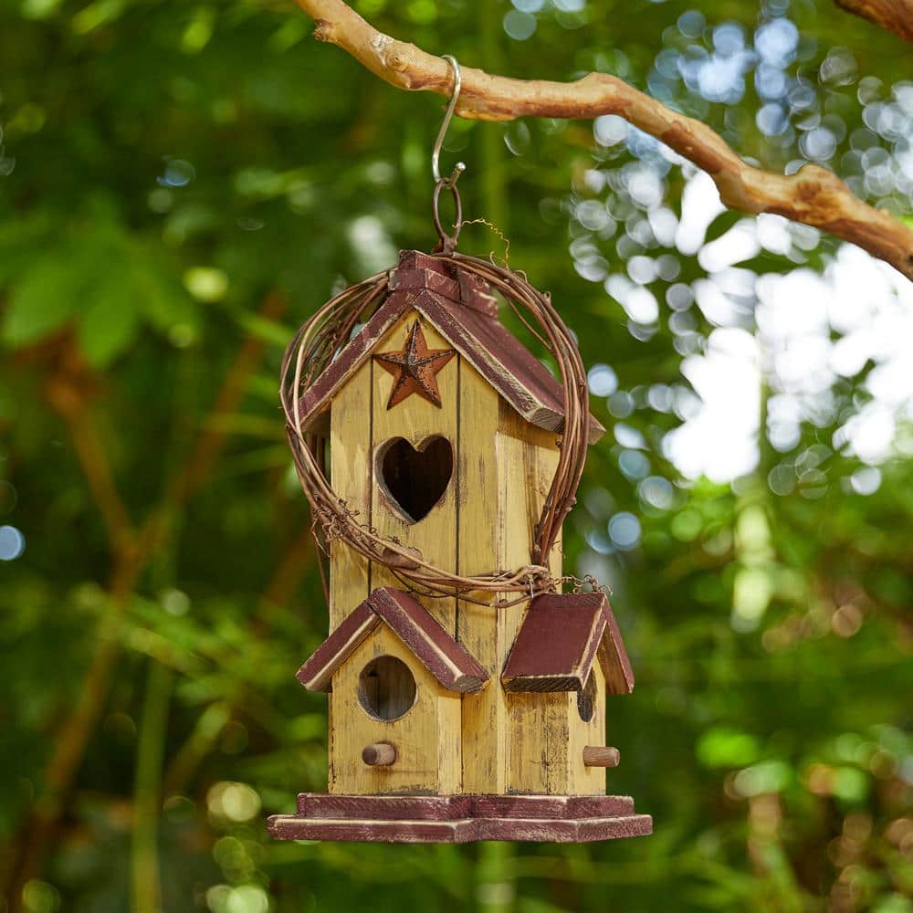11.5 in Washed Yellow Distressed Solid Wood Cottage Birdhouse with Rattan