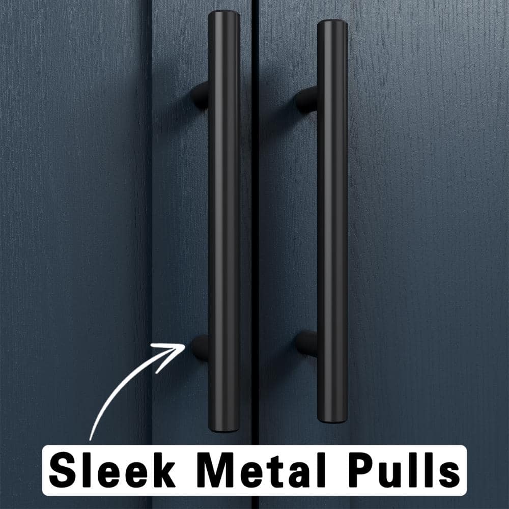 Close-up of sleek black metal pull handles on a blue cabinet.