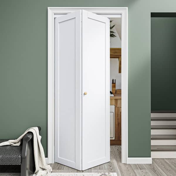 36 in. x 80 in. Solid Core 1-Panel White Primed Composite MDF Interior Closet Bi-Fold Door with Hardware