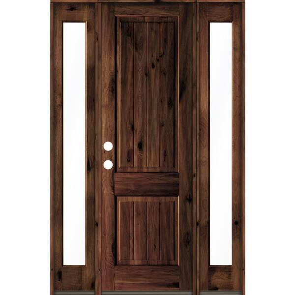 Krosswood Doors 60 in. x 96 in. Rustic Alder Square Top Red Mahogany Stained Wood with V-Groove Right Hand Single Prehung Front Door