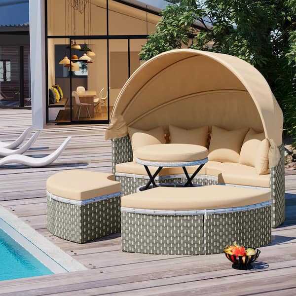 Unbranded 6-Pieces Wicker Rattan Outdoor Round Sectional Sofa Set with Light Coffee Cushions, Retractable Canopy, Separate Seating