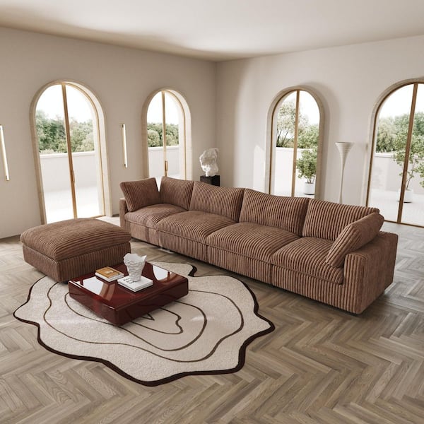 J&E Home 157.48 in. Rabbit Plush Fabric Square Arm 5-Piece Modular Free Combination Sectional Sofa in. Brown